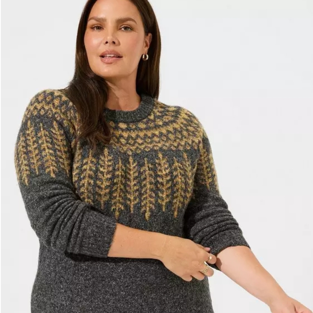 Women's Gray and Gold Patterned Sweater